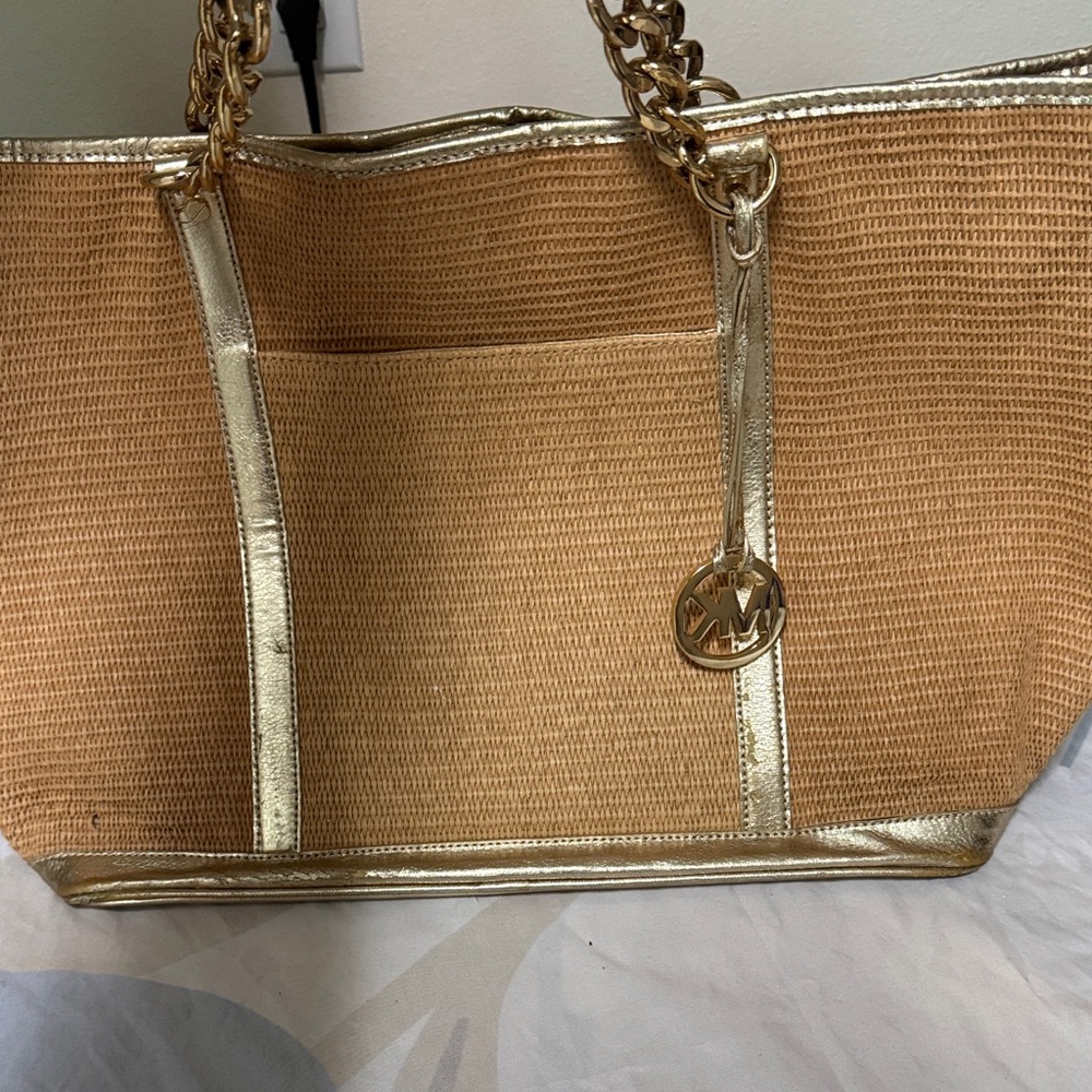 Michael Kors Tan Straw Tote with Gold Accents and Chain Handles